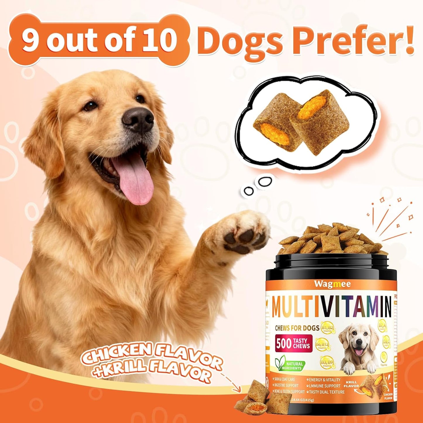 Dog Multivitamin, 500 Crunchy & Tasty Chew - Supports Daily Energy, Heart Health, Skin & Coat with Taurine, Krill Oil Omega-3, B Complex Vitamins & Zinc - Daily Multivitamin for All Breeds & Ages