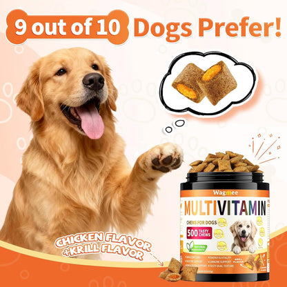 Dog Multivitamin, 500 Crunchy & Tasty Chew - Supports Daily Energy, Heart Health, Skin & Coat with Taurine, Krill Oil Omega-3, B Complex Vitamins & Zinc - Daily Multivitamin for All Breeds & Ages