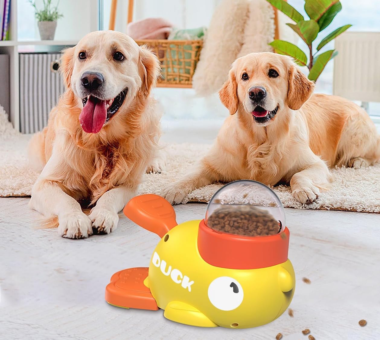 Duck Shaped Interactive Dog Puzzle Toy, Yellow and Orange, Slow Feeder Bowl with 3 Adjustable Food Outlets, IQ Training Treat Dispenser for Small Medium Large Dogs