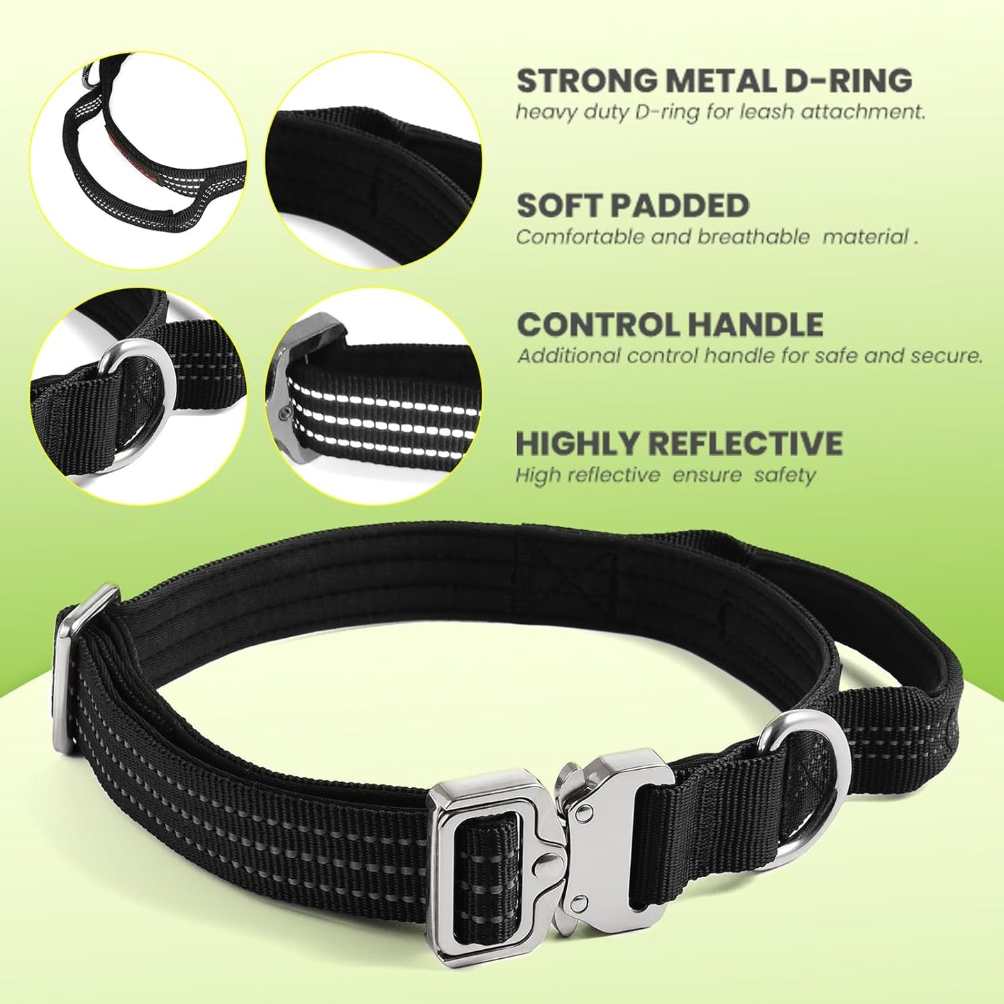 Heavy Duty Dog Adjustable Breathable Nylon Collar for Medium to Large Breeds Dogs with Control Handle Quick Release Metal Buckle Soft Neoprene Padded & Reflective Stitching