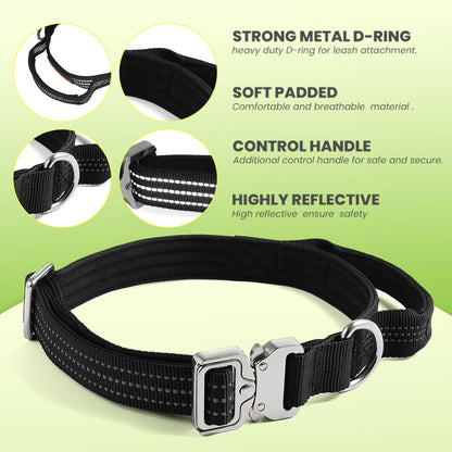 Heavy Duty Dog Adjustable Breathable Nylon Collar for Medium to Large Breeds Dogs with Control Handle Quick Release Metal Buckle Soft Neoprene Padded & Reflective Stitching