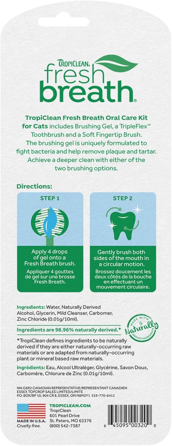 TropiClean Fresh Breath Toothbrush and Toothpaste Kit for Cats, Teeth Cleaning Kit for Plaque & Tartar Removal, Breath Freshener, Cat Dental Care