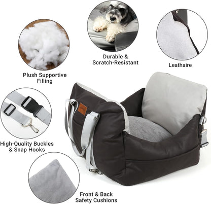 Leath-Aire Dog Car Seat, Scratch Resistant, Waterproof Booster Seat with Storage Pockets and Clip-On Safety Leash, Portable Dog Travel Carrier Bed up to 25lbs (Black/Grey)