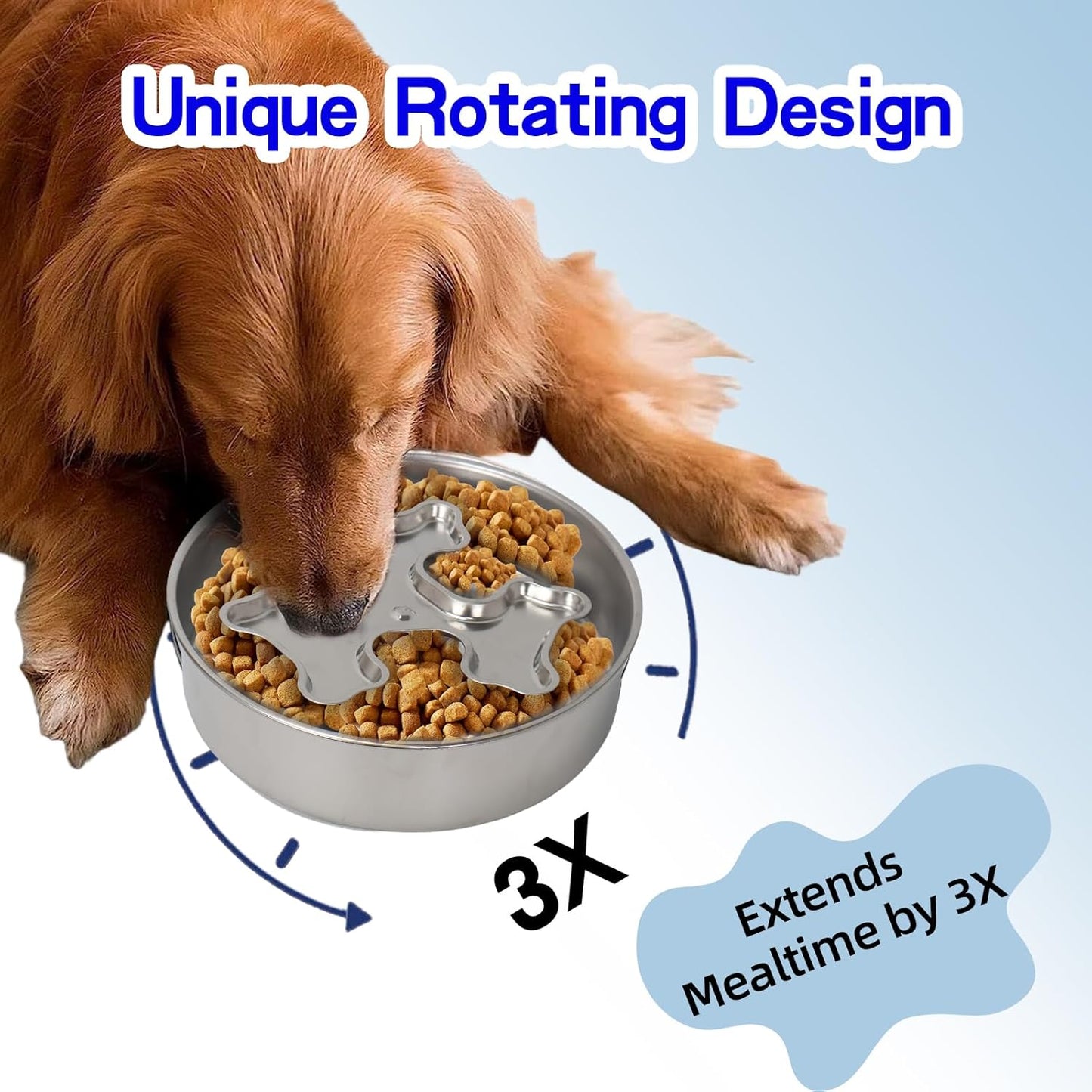 Slow Feeder Dog Bowl Stainless Steel - Double-Sided Rotating Design with Non-Slip Base, 3 Cups Capacity for Small, Medium & Large Dogs to Slow Down Eating & Prevent Bloat