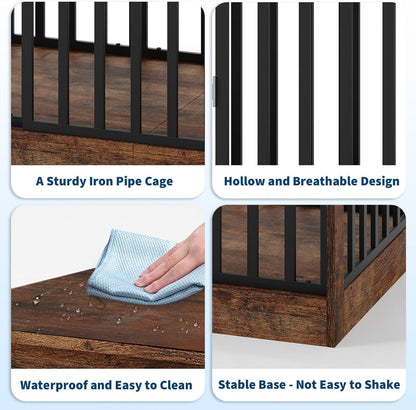 Double-Door Dog Crate Furniture, 55 Inch Rustic Wooden Indoor Dog House Side Table for Small to Medium Dogs, Chew-Resistant Pet End Table, Brown