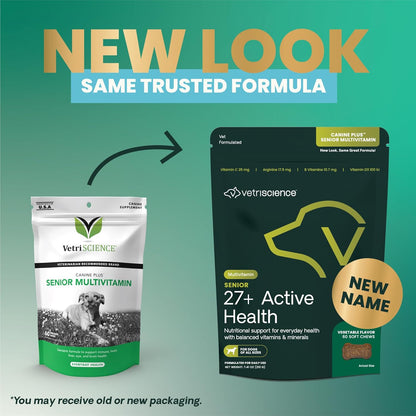 VetriScience Senior 27+ Active Health Chews, Canine Plus Daily Multivitamin for Senior Dogs, Balanced Vitamins, Minerals and Antioxidants, Healthy Aging and Wellness Support, Veggie, 60 Count