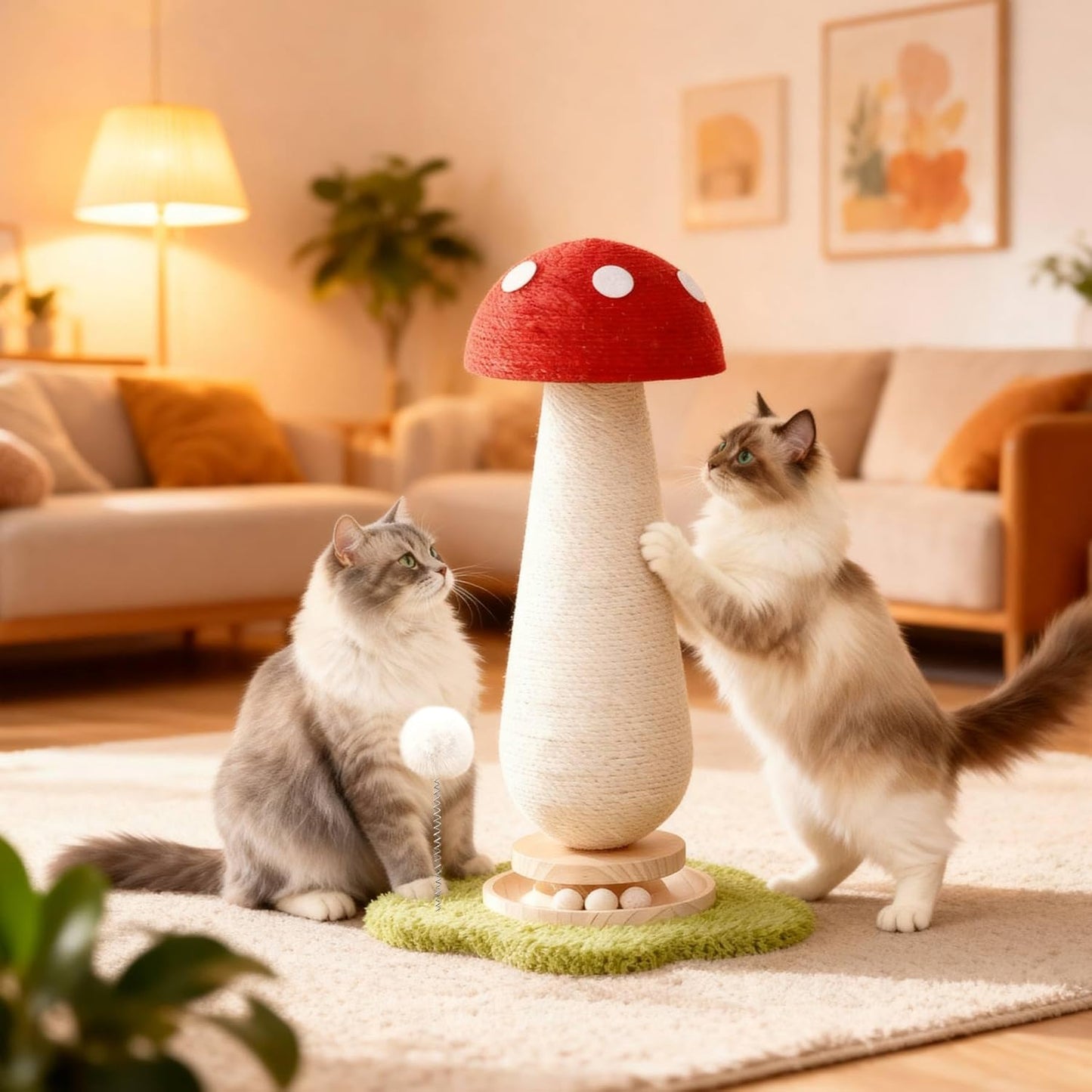 Cat Scratching Post,Mushroom Cat Scratcher with Sisal Scratching Poles with Interactive Toy Ball,Indoor Cat Toy