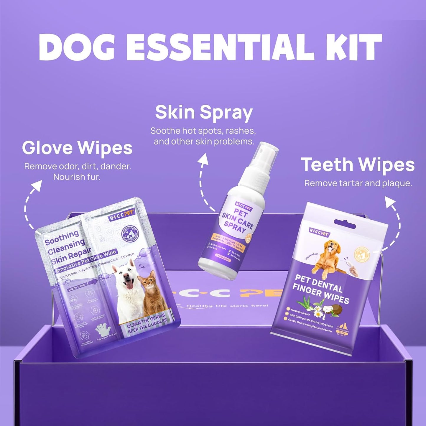 HICC PET Dogs Essential Clean & Care Kit - Pets Hot Spot Treatment & Itch Relief Spray + Cleaning Deodorizing Teeth and Body Wipes for Dogs and Cats - Great for Daily & Travel