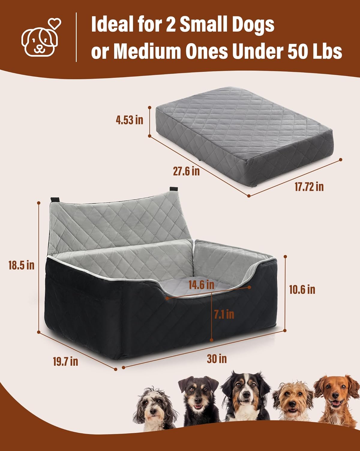 Dog Car Seat for Large Medium Dogs Under 55 lbs, Dog Booster Seat for 2 Small Dogs, Detachable Washable Pet Travel Bed with Thick Memory Foam Cushion, Safety Belt and Storage Pockets | Black