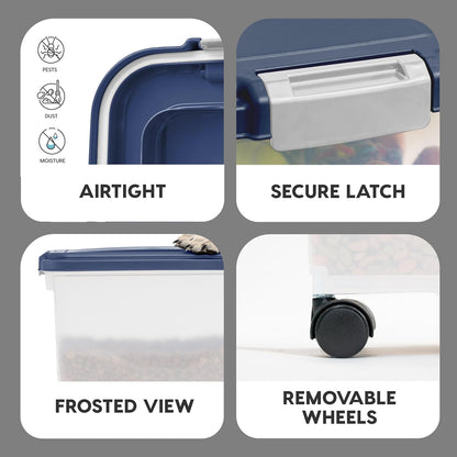 IRIS USA Airtight Dog Food Storage Container, Up to 30 lbs, Attachable Wheels, for Dog Cat Bird and other Pet Food Storage Bin, Keep Fresh, Easy Mobility, BPA Free, Navy/Pearl