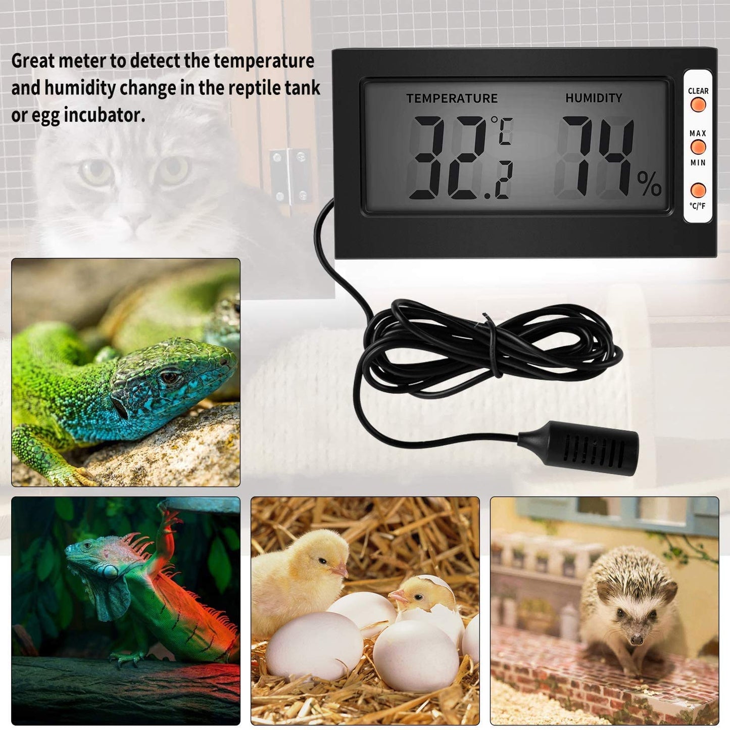 Simple Deluxe Digital Thermometer and Humidity Gauge with Remote Probes for Brooder Reptiles Terrarium, 2 Pack, Black
