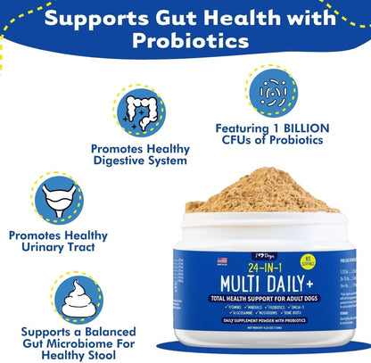 iHeartDogs 24-in-1 Adult Dog Multivitamin Daily+ Total Health Support Powder with Probiotics, Omega-3, Glucosamine, Mushrooms & Bone Broth - 60 Servings