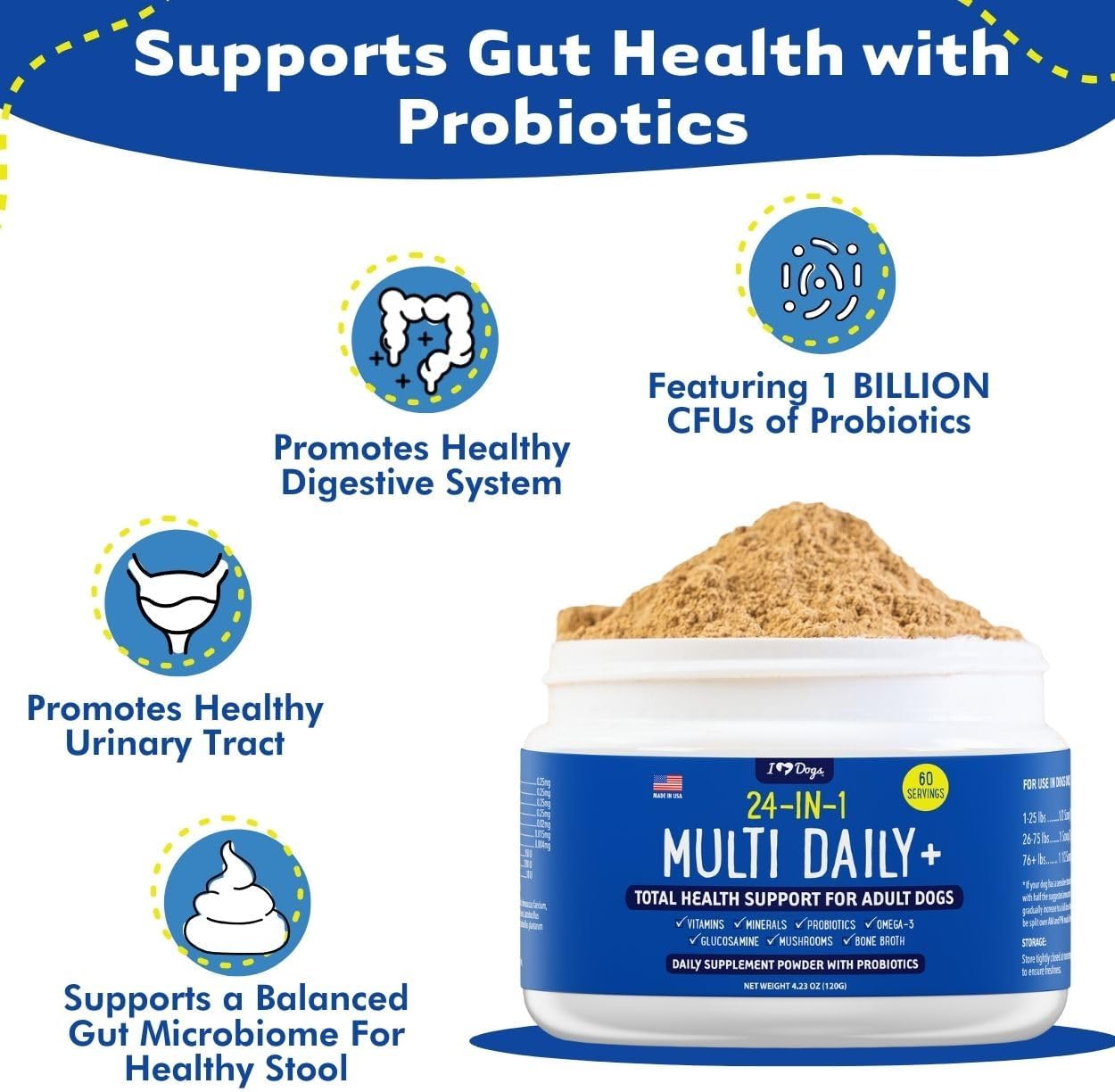 iHeartDogs 24-in-1 Adult Dog Multivitamin Daily+ Total Health Support Powder with Probiotics, Omega-3, Glucosamine, Mushrooms & Bone Broth - 60 Servings