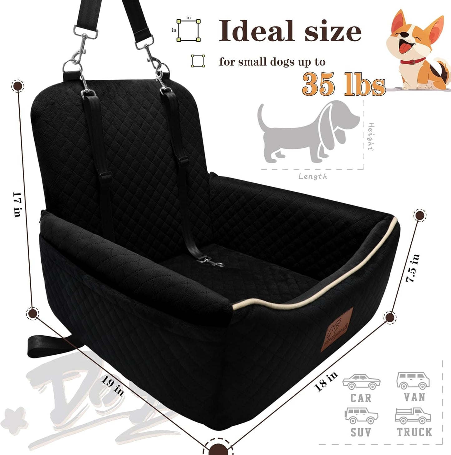 Dog Car Seat Bed 2 in 1 for Small/Medium Dogs up to 35 lbs,Adjustable Safety Leashes,Memory Foam with Soft Fabric Pets Travel Car Bed,Easily Installed in Front and Back seat,Removable and Washable.