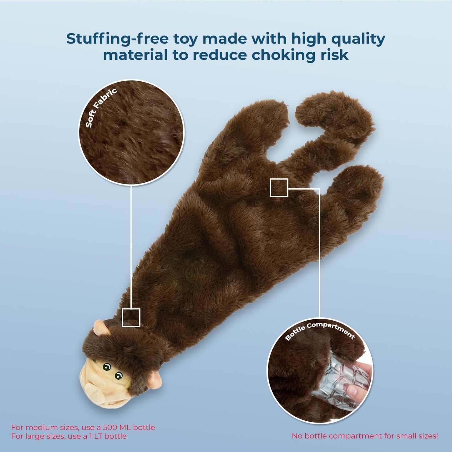Best Pet Supplies 2-in-1 Stuffless Squeaky Dog Toys with Soft, Durable Fabric for Small, Medium, and Large Pets, No Stuffing for Indoor Play, Holds a Plastic Bottle - Monkey, Squirrel, Large