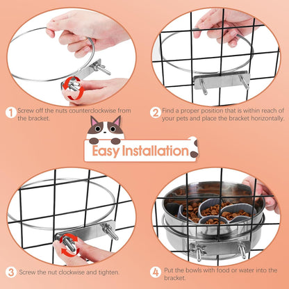 2 Pcs Large Pet Dog Food Water Bowl with Slow Feeder Insert for Cage, Crate Stainless Steel Non-Spill Kennel Hanging Cat Bowls with Clamp Holder for Medium Large Dogs (7.1x3.5'' & 6.3x2.6'')