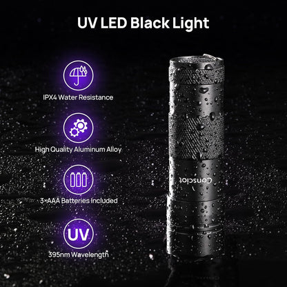UV Flashlight Black Light, Consciot 12 LED 395nm Ultraviolet Blacklight, Portable Mini Torch Light Pet Urine Detector for Dog/Cat Urine, Dry Stains, Bed Bug, Matching with Pet Odor Eliminator