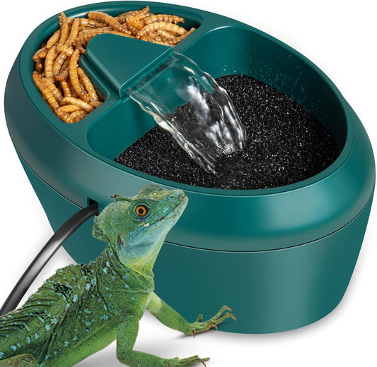 Reptile Water Drinking Fountain, Automatic Circulation, Low Noise, Energy Saving, Feeding Trough Included, Waterfall Design, Adjustable