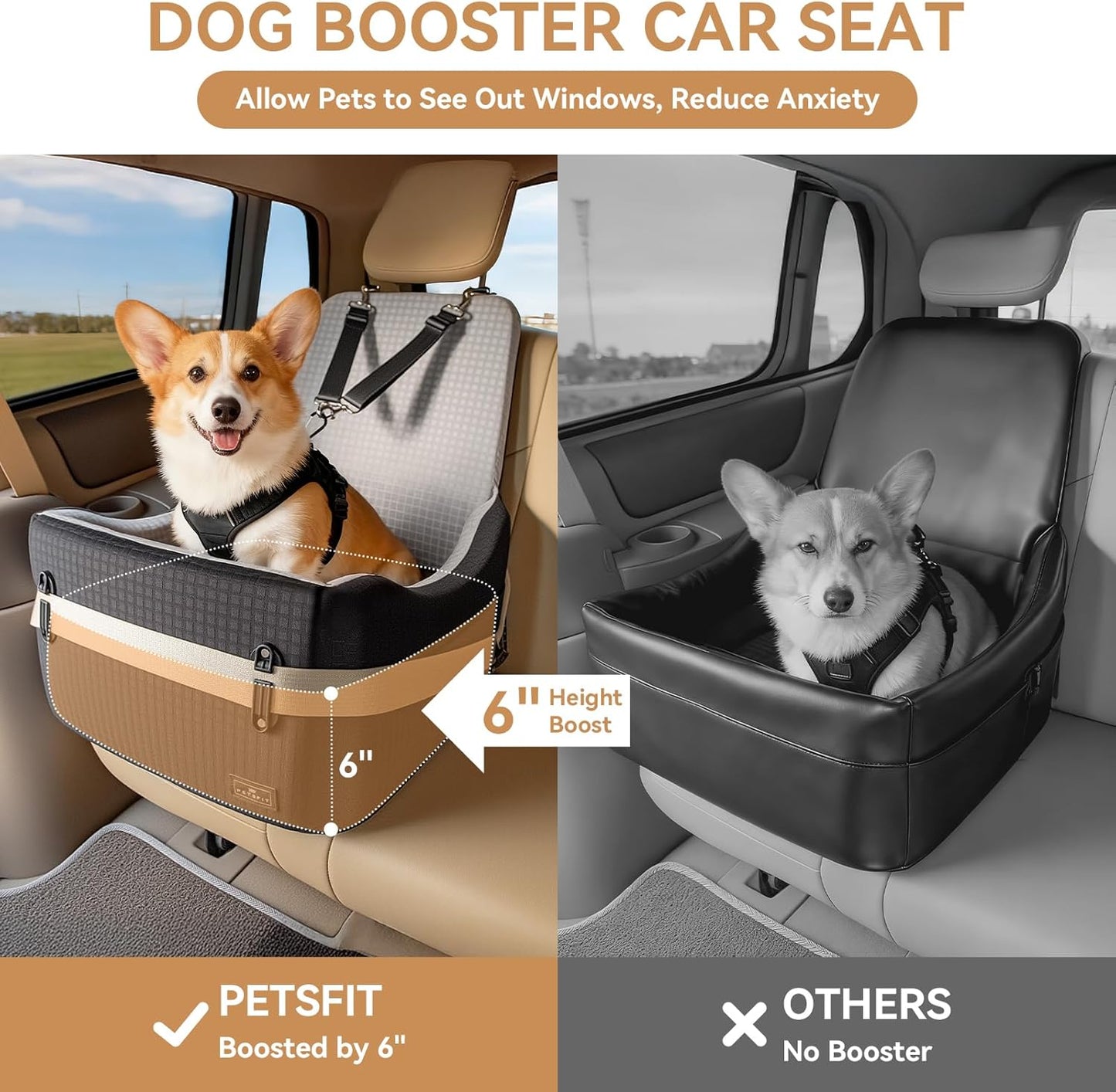 PETSFIT Dog Car Seat for Small/Medium Dogs Up to 35 lbs – Patented Safety System, 6" Memory Foam Pet Booster Car Seat, Fully Detachable and Washable Dog Carseat with 2 Storage Pockets (Black & Grey)