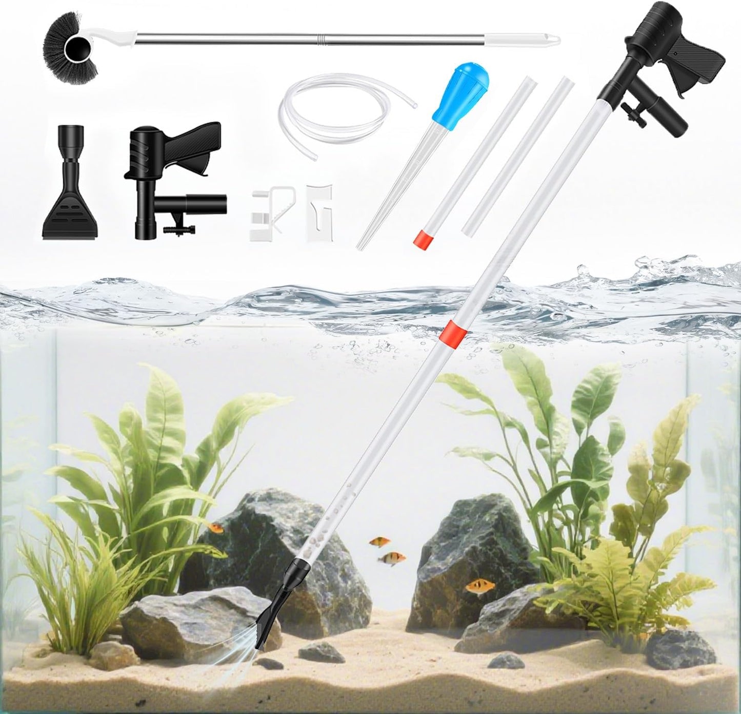 Aquarium Gravel Cleaner,Fish Tank Cleaner,Manual Vacuum Water Changer with 30ml Aquarium Vacuum Waste Remover Dropper, Cleaning Brush,Use for Water Changing Gravels Sand Washing
