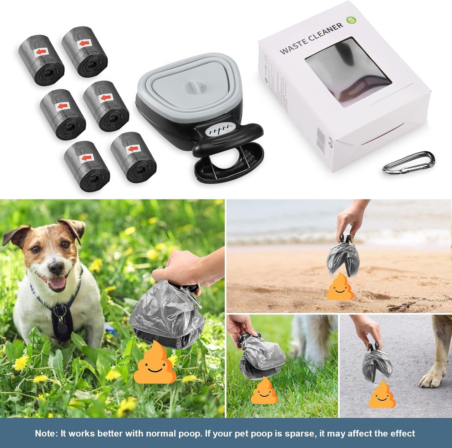 Pooper Scooper, Expandable Pet Poop Picker, Portable Dog Pooper Scooper for Small and Large Dogs, Waste Bag Storage Compartment, 6 Roll of Trash Bag