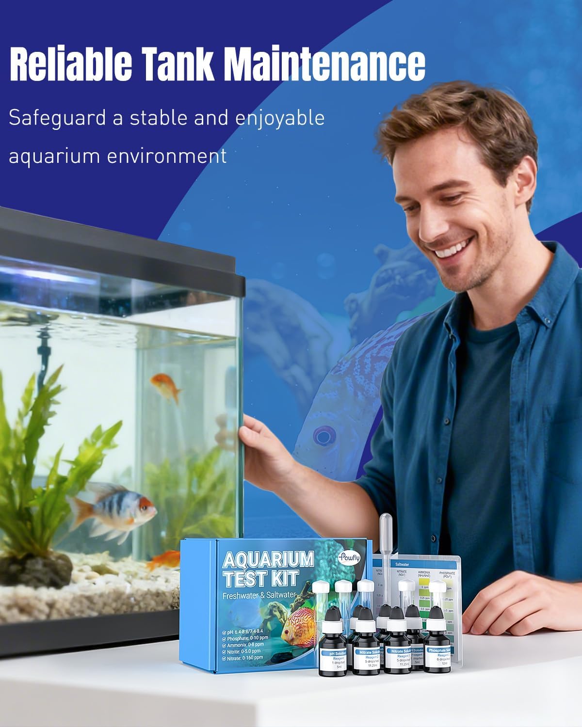 Pawfly 5 in 1 Aquarium Water Master Test Kit, Aquarium Water Test Kit Fish Tank Water Testing Kit for pH Nitrite Nitrate Ammonia & Phosphate, Aquarium Test Kit for Freshwater & Saltwater Fish Tanks