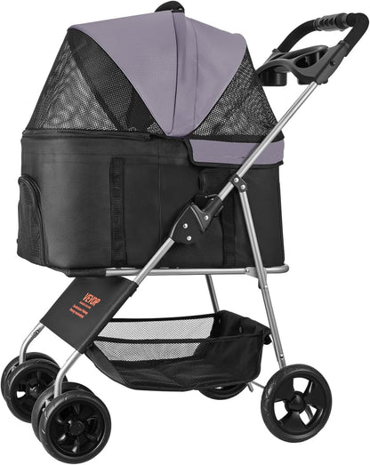 VEVOR Pet Stroller, 35 lbs Weight Capacity, Foldable Dog Stroller Cart, 4 Wheels Cats Strollers with with Detachable Carrier & Mesh Windows, Portable Design with Brake for Small to Medium Pets