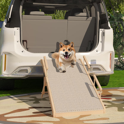 Dog Ramp for Bed, Couch & Car – Adjustable Foldable Pet Ramp, 64.17" Long, 17.72" Wide, Non-Slip Surface with Safety Rails, 8 Heights 20.08"-28.35", Supports 220 lbs, Solid Wood