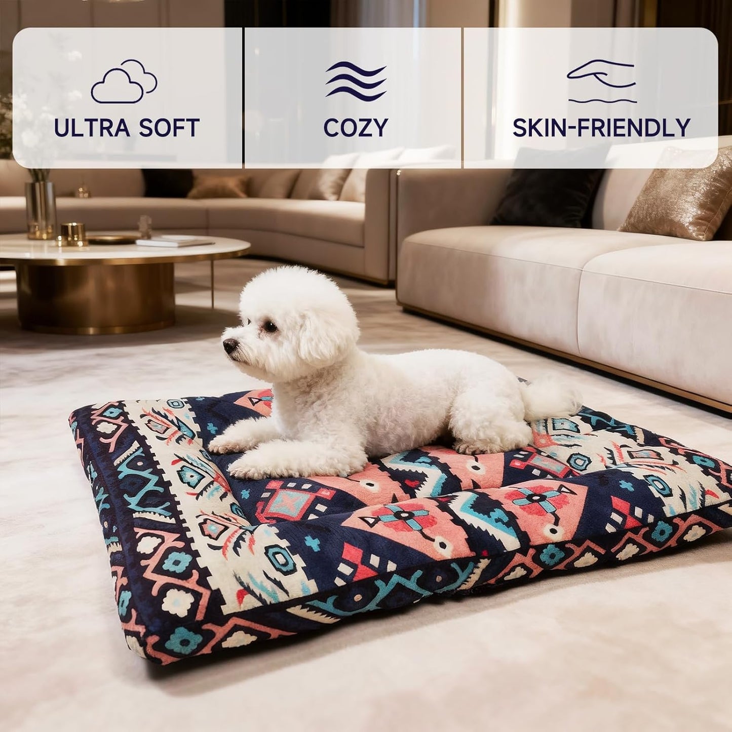 Washable Dog Crate Bed, Ultra Soft & Anti-Slip Crate Pad, Cozy Kennel Mat for Large/Medium/Small Dogs, Thick & Bohemian Dog Bed Mat (Pink, 23.0" L x 17.0" W x 2.3" H)