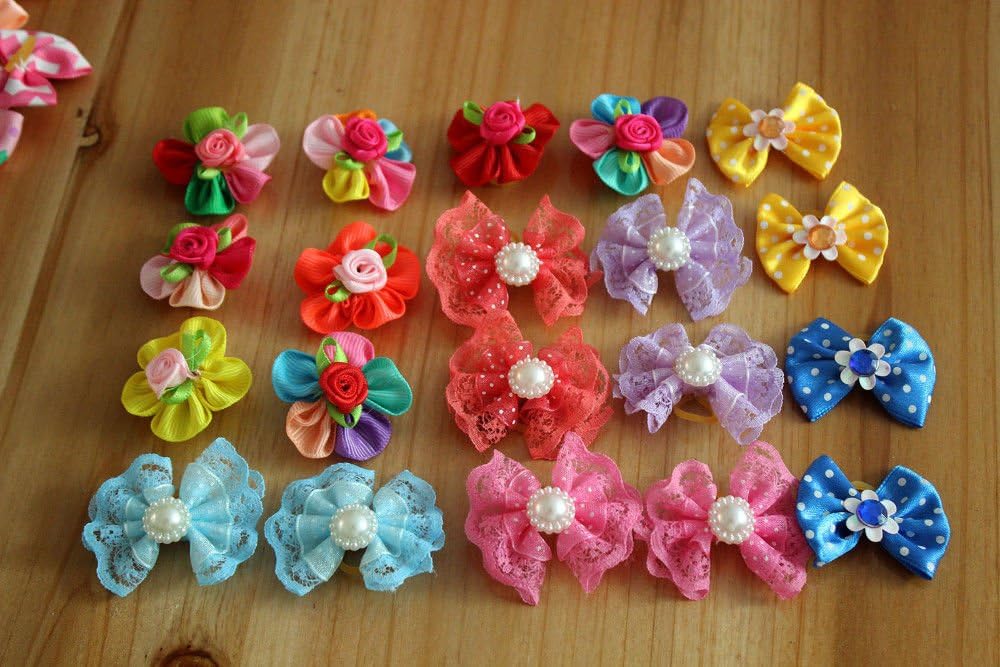 50pcs Dog Hair Accessories: Rhinestone Pearls Bowknots with Rubber Bands - Topknot Bows for Cute Styling