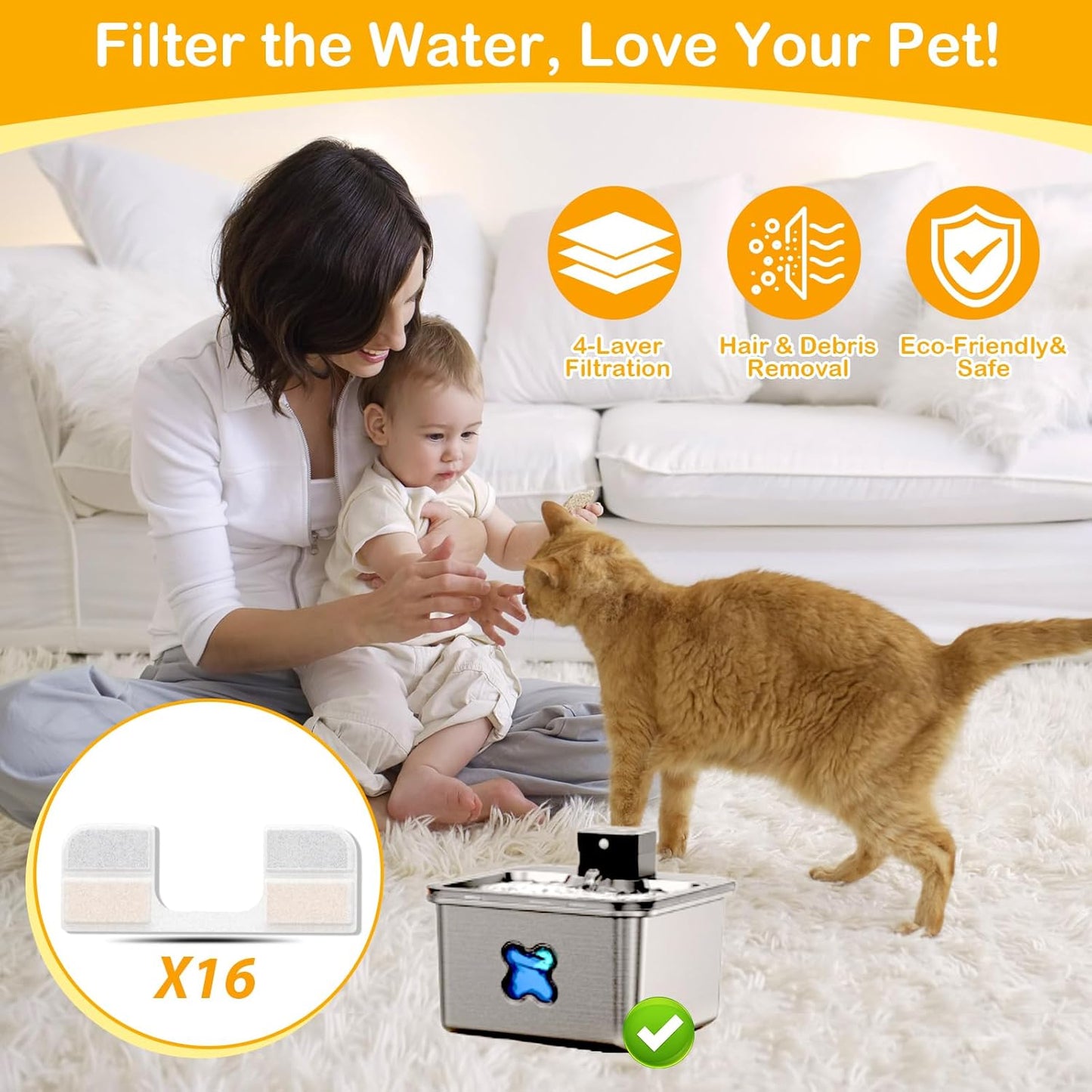 16 Pack Replacement Filters for FEELNEEDY 108oz/3.2L Cat Water Fountain(FN-W17), 6 Month Set for Pet Water Dispenser, Includes 16 Filters & 16 Sponges