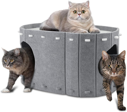 Cat House for Indoor Cats, Double Layer Cat Bed Cave, Large Space Cat Enclosed Bed for Home, Easy Assembly (Grey, Large)