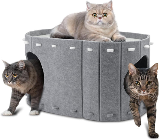 Cat House for Indoor Cats, Double Layer Cat Bed Cave, Large Space Cat Enclosed Bed for Home, Easy Assembly (Grey, Large)