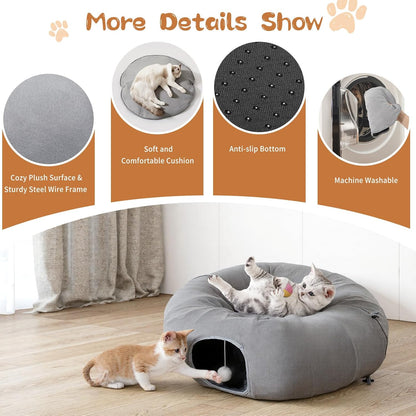 Pawaboo 2-in-1 Cat Tunnel Bed for Indoor Cats, 8-Shaped Large Cat Tunnels with Plush Cushions, Foldable Cats Cave Hideout Kitty Toys with Fluffy Balls, Donut Tunnel for Kitten Rabbit Ferret, Grey
