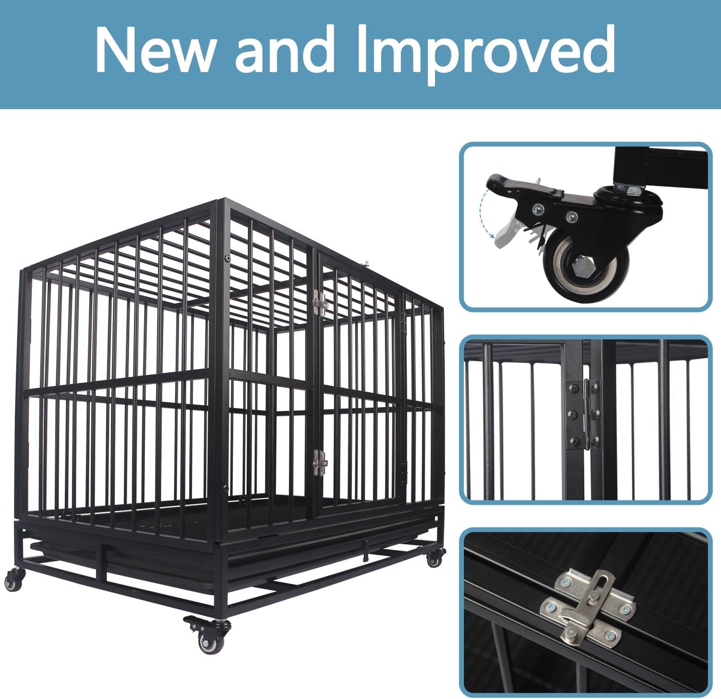 Heavy Duty Dog Crate - Indestructible Large Dog Kennel, Dual Door, Safety Lock, Spacious & Removable Tray for Easy Clean (42" inch)