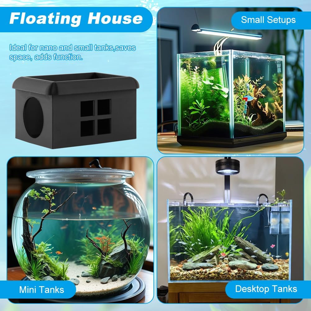 Floating Bettas Fish Hideout with Window 3D Fish Breeding Box & Shelter Floating Feeding Plat-Form for Bettas Tanks Rest Cave for Small Aquariums(Color:Black)