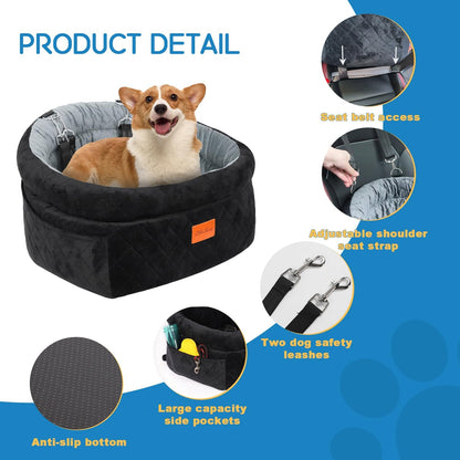 Cozy Dog Car Seat for Small Dogs Up to 30lbs, Elevated Memory Foam Booster Seat, Pet Travel Bed with Washable Removable Cover & Storage Pockets (Black)