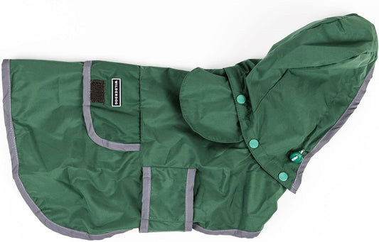 Wilderdog Dog Jacket Waterproof Raincoat with Breathable Interior, Removable Hood, Torso Strap, Secure Closures, Back Pocket and Two Hanging Loops, Foldable into Back Pocket
