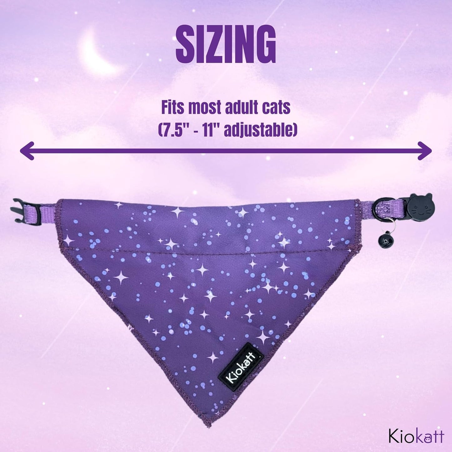 Breakaway Cat Collar with Removable Bandana – Purple Galaxy Stars – Adjustable 7.5–11" Safety Collar + Matching Scrunchie for Pet Parent – KioKatt Pawsome Pair