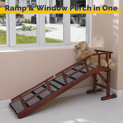 Dog Ramp for Bed or Couch, Wooden Pet Ramp with 20° Gentle Slope, Removable Side Rails, Non-Slip Surface, Top Platform & Wheels, Safe Bed Ramp for Small, Medium & Senior Dogs, 60" Long, Mahogany