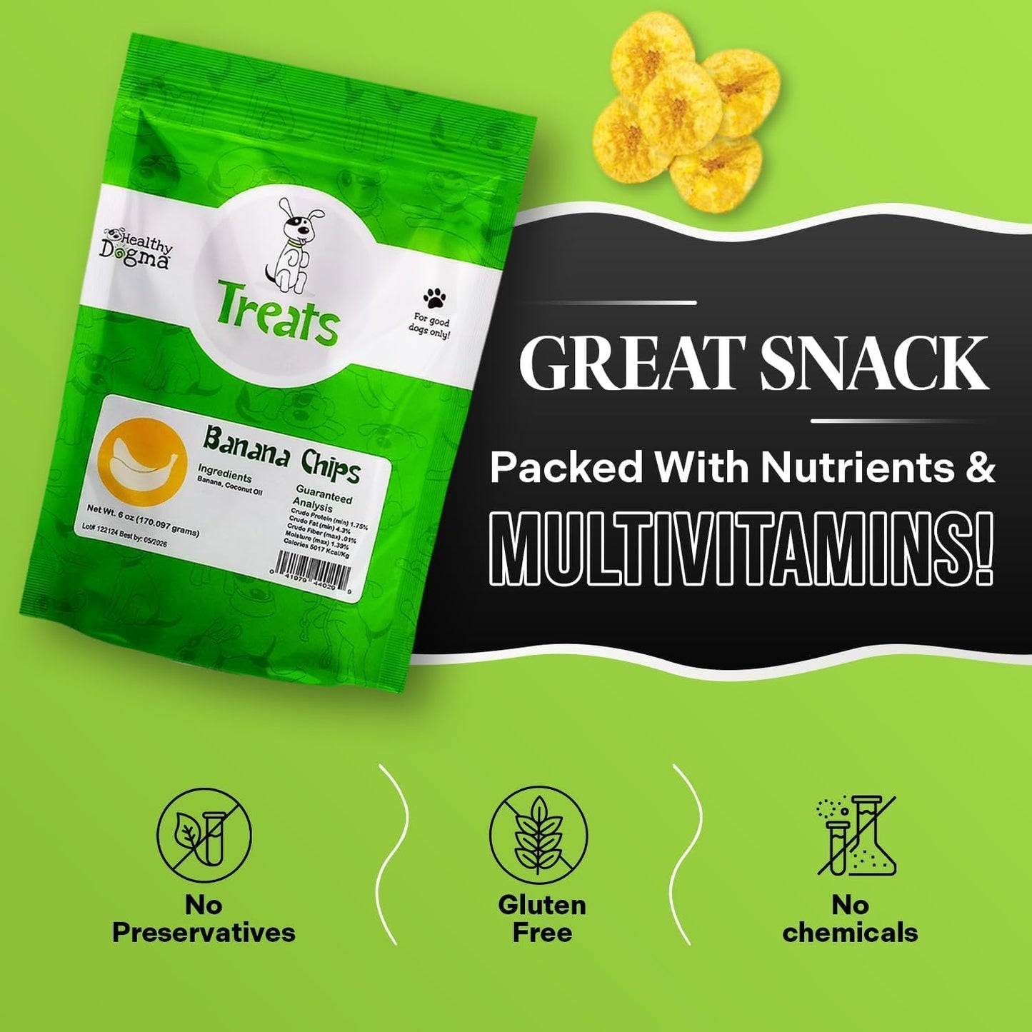 Healthy Dogma Banana Chips Treat for Dogs - All-Natural, & Clean Ingredient Snacks - Supports Digestion, Energy & Immune Health - Perfect for Training & Sensitive Stomachs, (6oz-Pack of 4)