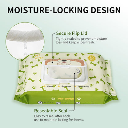 Pet Wipes for Dogs and Cats, Hypoallergenic and Unscented Grooming Wipes, Moisturizing and Deodorizing, Vet Recommended, Gentle for Paws and Body – 80 Count