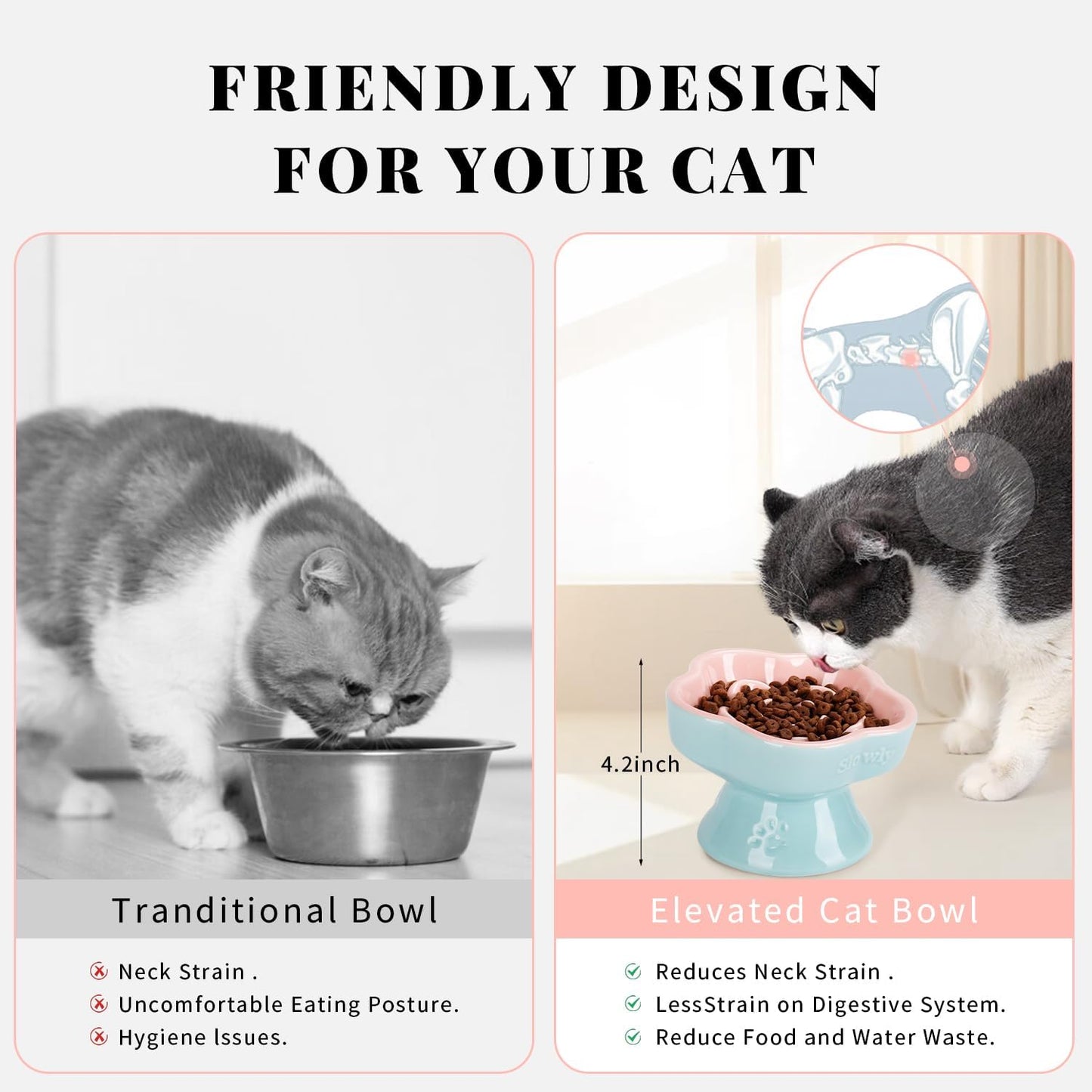 S&Q's CERAMICS Raised Slow Feeder Cat Bowl, Ceramic Elevated and Titled Glass Food Bowl Small Dogs Slow Feeder, Flower Shaped Cute Cat Dish for Dry and Wet Food (Pink, 5.8")