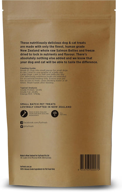 Freeze-Dried NZ King Salmon Pieces (Salmon Bellies) Healthy Dog & Cat Treats - Single Ingredient, No Artificial Colours, Additives, or Preservatives 2.29oz (65g) Bag