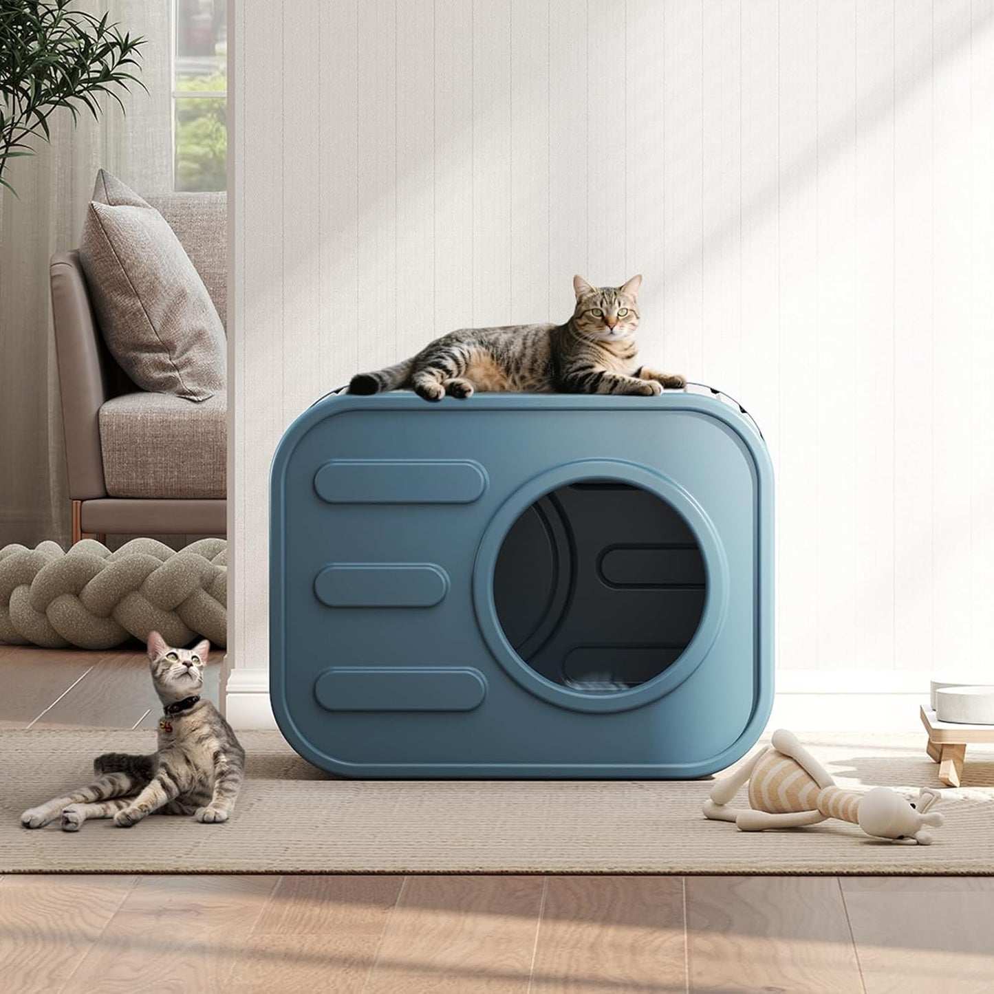 Outdoor Cat House, Outside Cat Shelter with Bed Mat for Feral Cat, Plastic Pet House for Indoor and Outdoor Use, Weatherproof, Blue