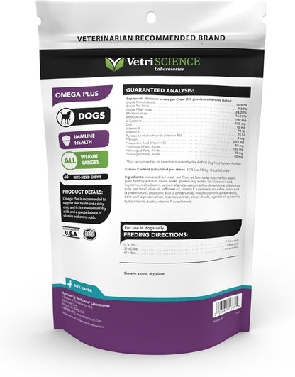 VetriScience Extra Strength Healthy Skin & Coat Chews, Omega Plus Supplement for Dogs, with Balanced Omega 3, 6, 9, Fish Oil and Biotin, Skin Health, Coat Growth and Shine, Duck, 40 Count