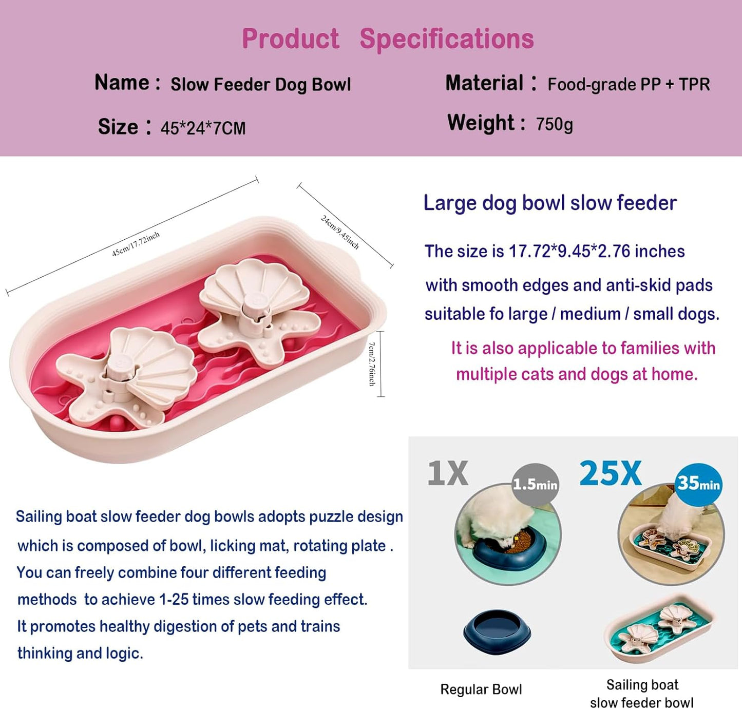 Large Slow Feeder Dog Bowls, Dog Puzzle Slow Feeder Bowls with Lick Mat and Puzzle Inserts for Large Dogs with Non-Slip Base, Removable Puzzle Inserts Easy to Clean (Pink)