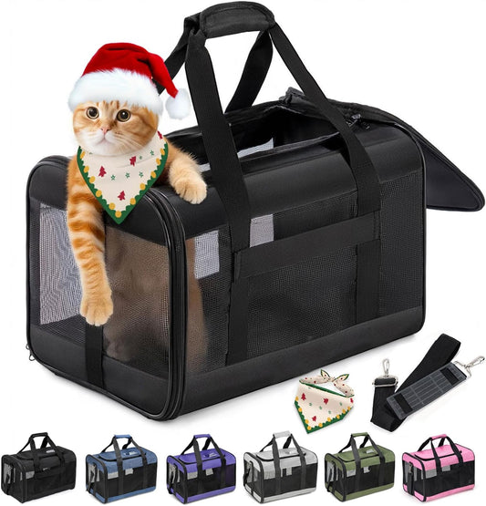 Cat Carrier Airline Approved, Soft-Sided Dog Carrier with Inner Safety Leash, Pet Transport Carrier for Small-Medium Cats Puppies up to 15 Lbs, Collapsible Travel Kitten Carrier Bag -BlackM