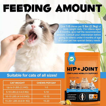 Hip & Joint Bites for Cats - Chicken Flavored Glucosamine Joint Supplement for Cats - Cat Joint Supplement for HIPS & Joints, Cat Arthritis Pain Relief, with Green Lipped Mussel, 3.7 oz