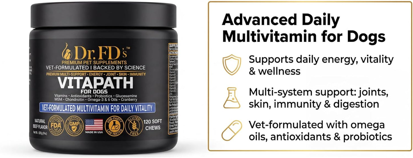 Dr. FD’s VitaPath – Daily Multivitamin for Dogs | Vitamins, Antioxidants & Omegas for Skin, Coat, Immune & Metabolic Health | Natural Beef Flavor | 120 Soft Chews
